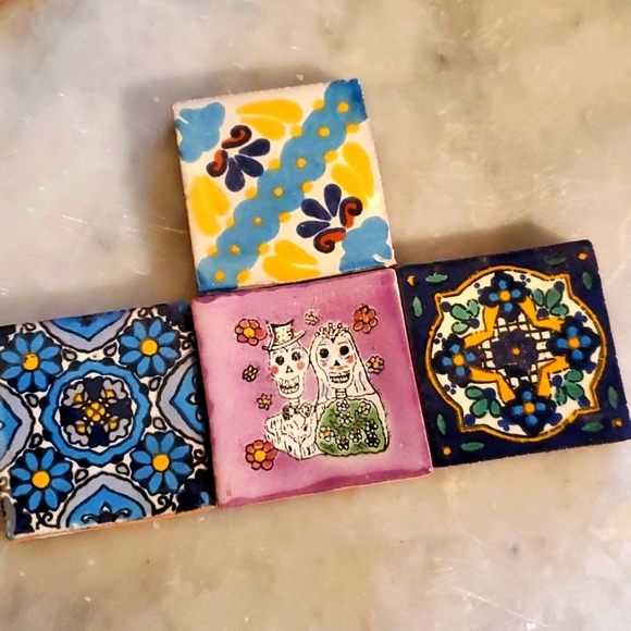 Lot of 4 Day Of Dead Wedding Skeleton Bride Groom 2" Talavera tiles - Picture 1 of 6